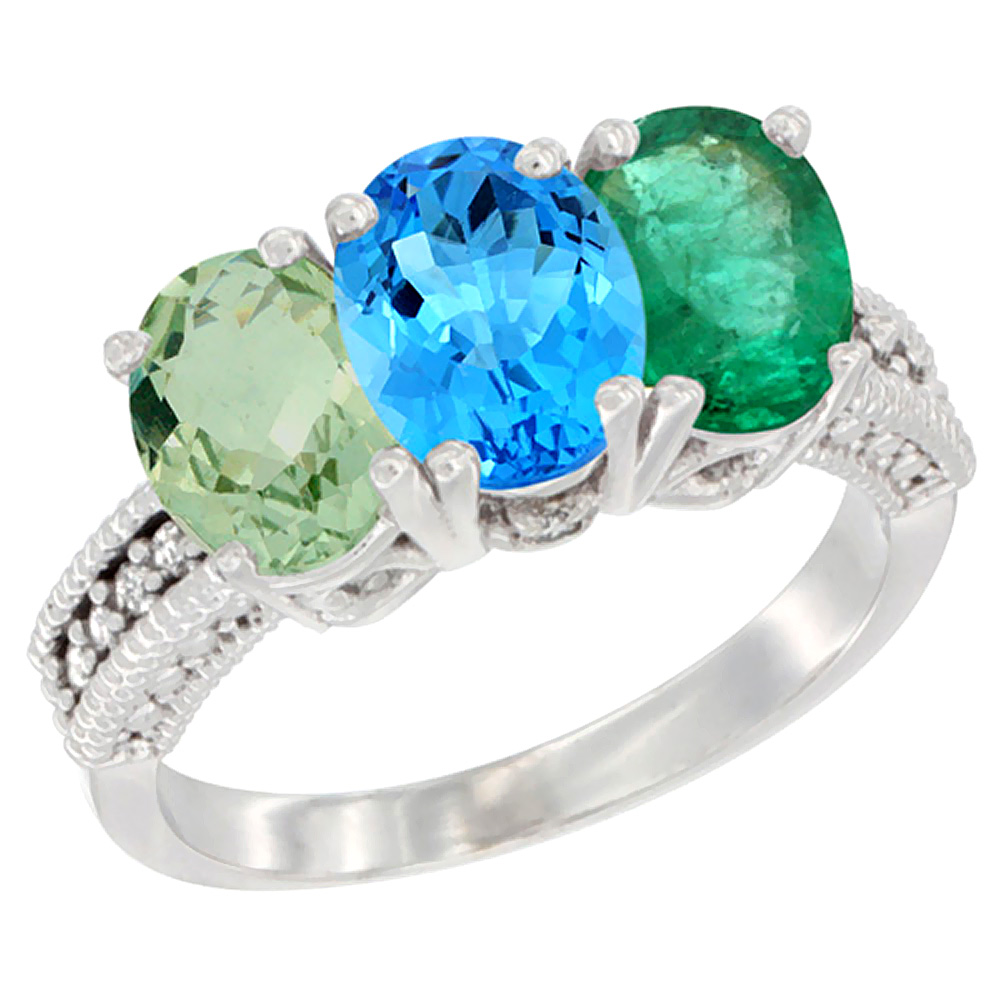 14K White Gold Natural Green Amethyst, Swiss Blue Topaz & Emerald Ring 3-Stone 7x5 mm Oval Diamond Accent, sizes 5 - 10