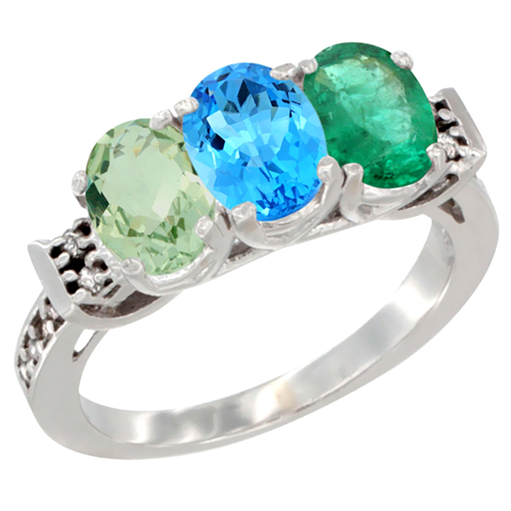 14K White Gold Natural Green Amethyst, Swiss Blue Topaz &amp; Emerald Ring 3-Stone 7x5 mm Oval Diamond Accent, sizes 5 - 10