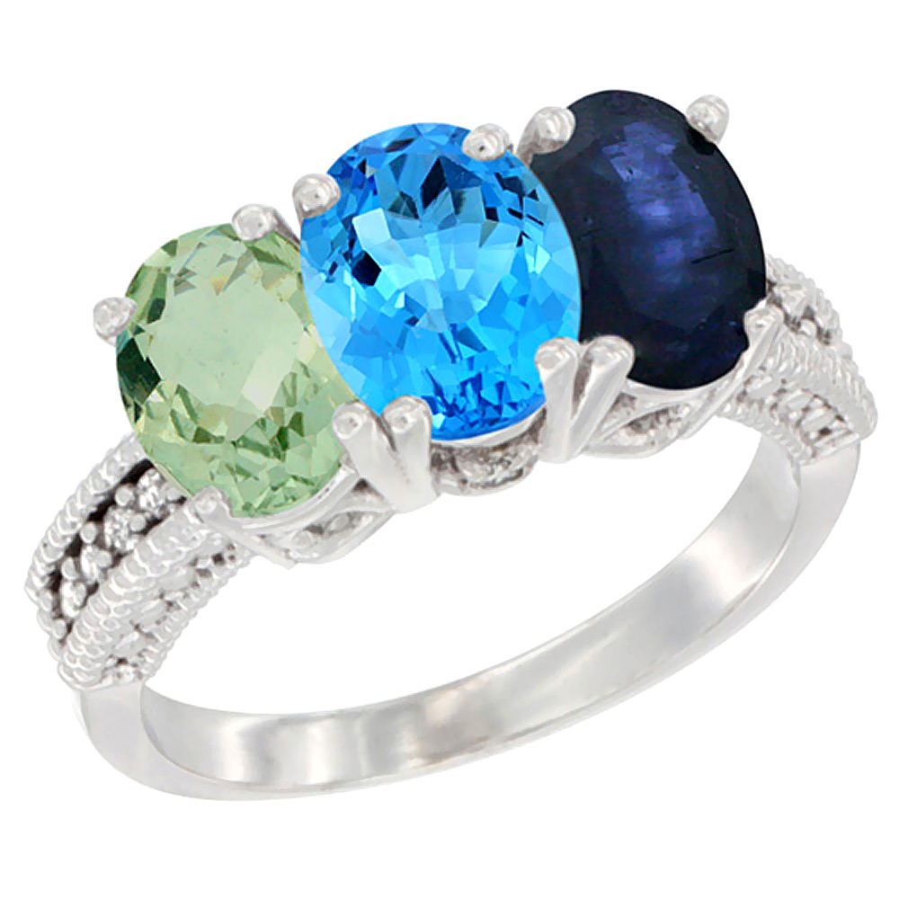 14K White Gold Natural Green Amethyst, Swiss Blue Topaz & Blue Sapphire Ring 3-Stone 7x5 mm Oval Diamond Accent, sizes 5 - 10