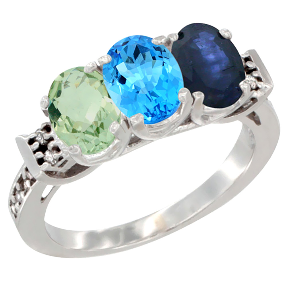 10K White Gold Natural Green Amethyst, Swiss Blue Topaz &amp; Blue Sapphire Ring 3-Stone Oval 7x5 mm Diamond Accent, sizes 5 - 10