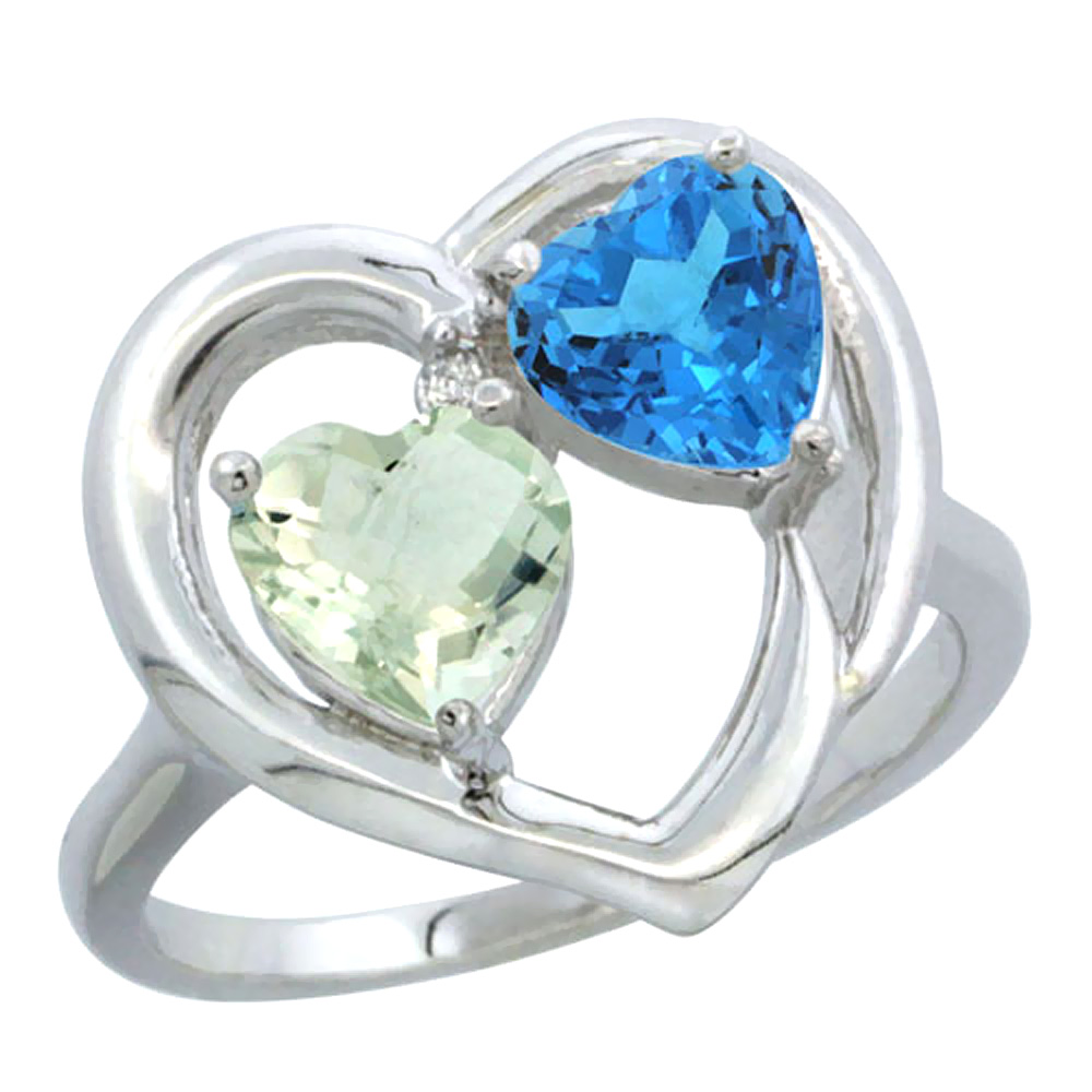 14K White Gold Diamond Two-stone Heart Ring 6mm Natural Green Amethyst & Swiss Blue Topaz, sizes 5-10