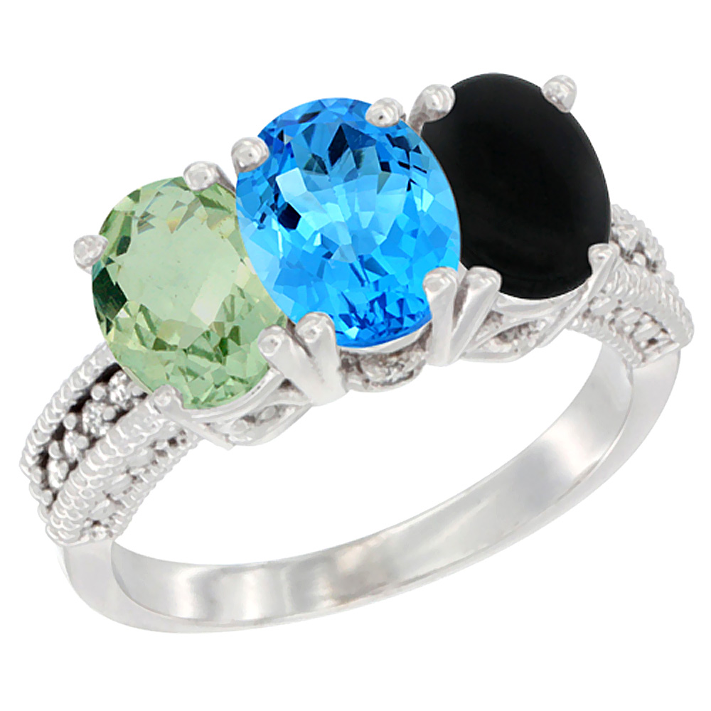 10K White Gold Natural Green Amethyst, Swiss Blue Topaz &amp; Black Onyx Ring 3-Stone Oval 7x5 mm Diamond Accent, sizes 5 - 10