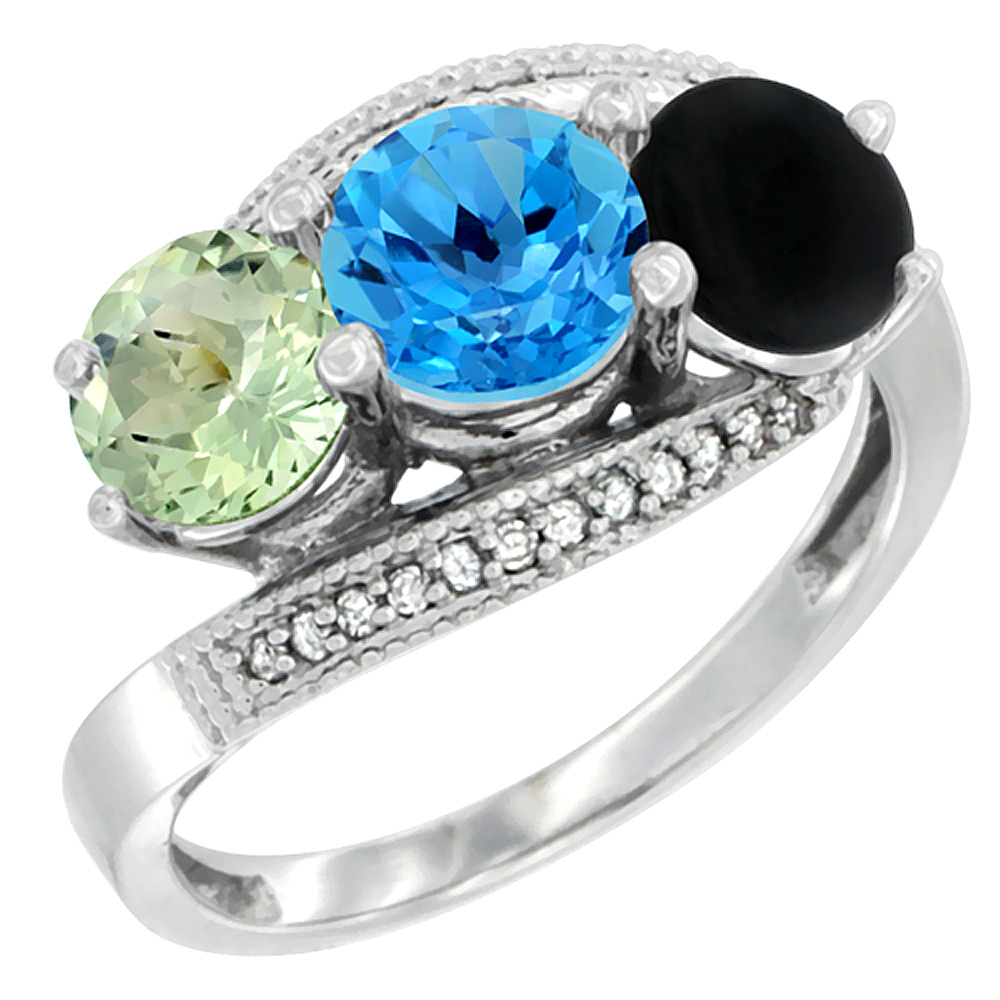 14K White Gold Natural Green Amethyst, Swiss Blue Topaz &amp; Black Onyx 3 stone Ring Round 6mm Diamond Accent, sizes 5 - 10