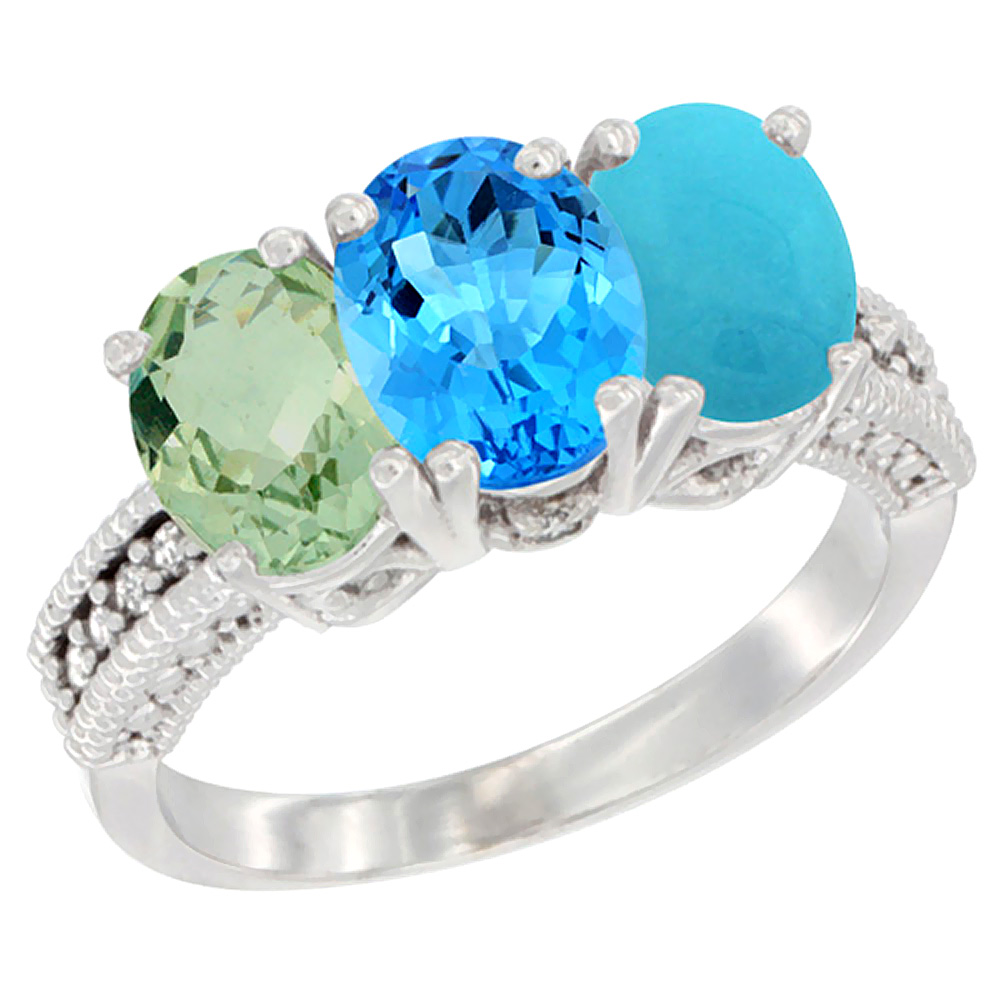 14K White Gold Natural Green Amethyst, Swiss Blue Topaz & Turquoise Ring 3-Stone 7x5 mm Oval Diamond Accent, sizes 5 - 10