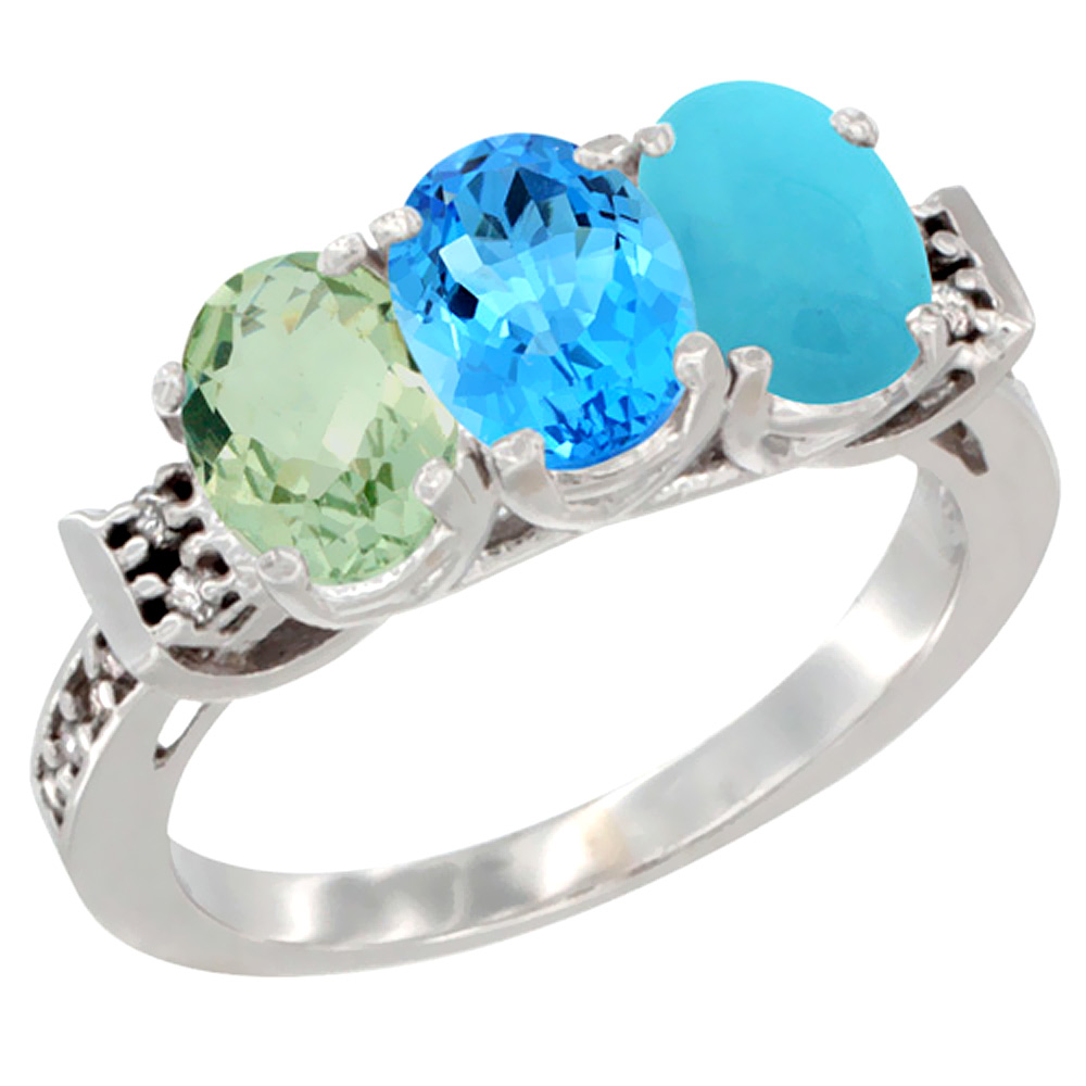 10K White Gold Natural Green Amethyst, Swiss Blue Topaz & Turquoise Ring 3-Stone Oval 7x5 mm Diamond Accent, sizes 5 - 10