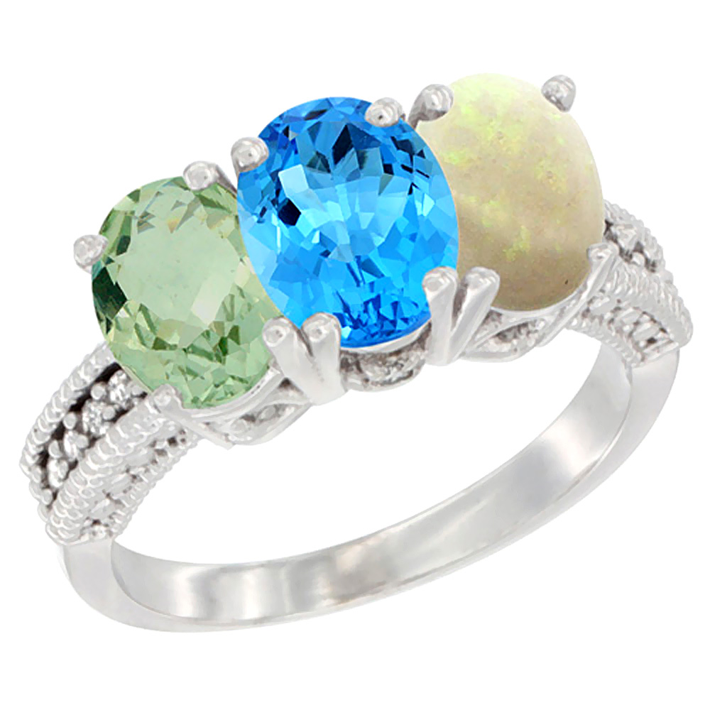 14K White Gold Natural Green Amethyst, Swiss Blue Topaz &amp; Opal Ring 3-Stone 7x5 mm Oval Diamond Accent, sizes 5 - 10