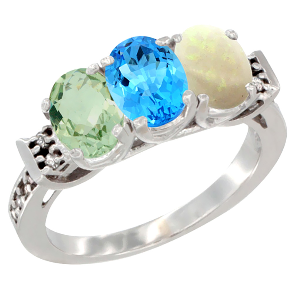 10K White Gold Natural Green Amethyst, Swiss Blue Topaz & Opal Ring 3-Stone Oval 7x5 mm Diamond Accent, sizes 5 - 10