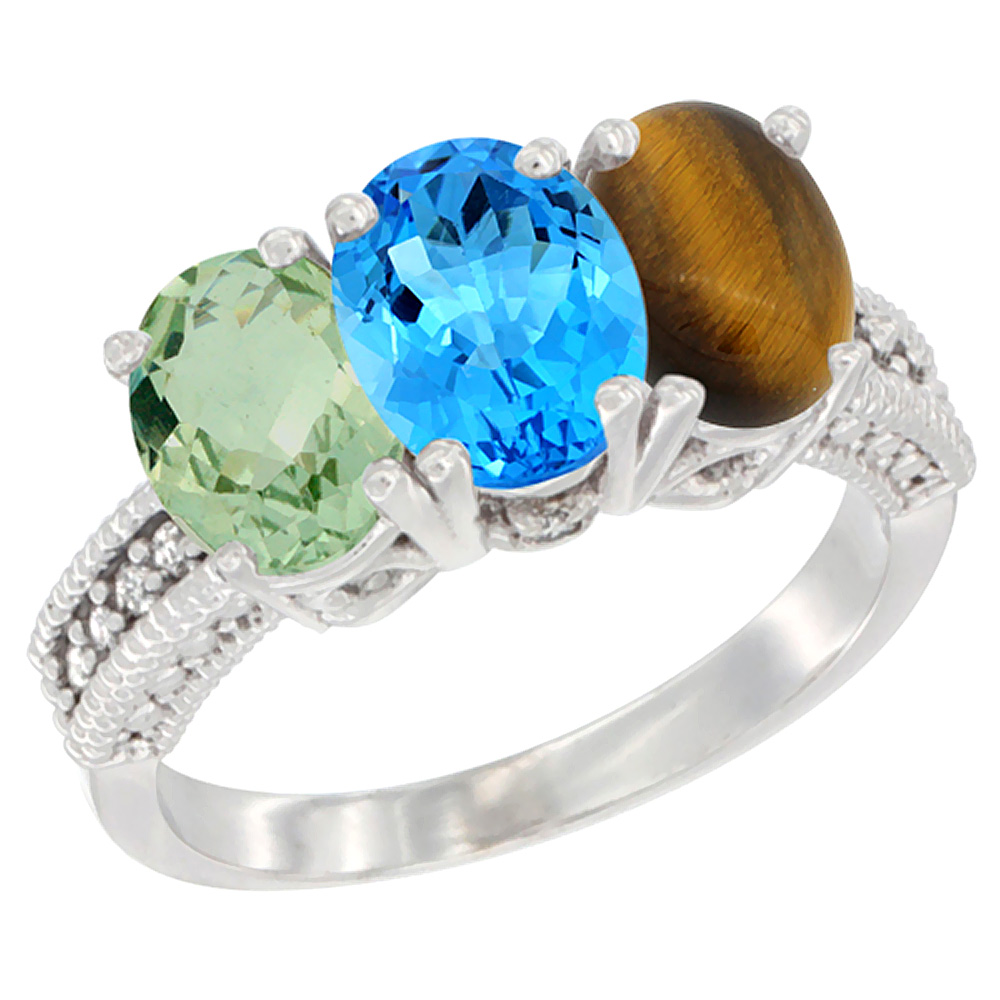 10K White Gold Natural Green Amethyst, Swiss Blue Topaz & Tiger Eye Ring 3-Stone Oval 7x5 mm Diamond Accent, sizes 5 - 10