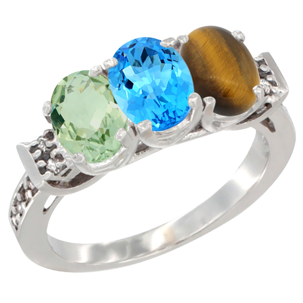 10K White Gold Natural Green Amethyst, Swiss Blue Topaz & Tiger Eye Ring 3-Stone Oval 7x5 mm Diamond Accent, sizes 5 - 10