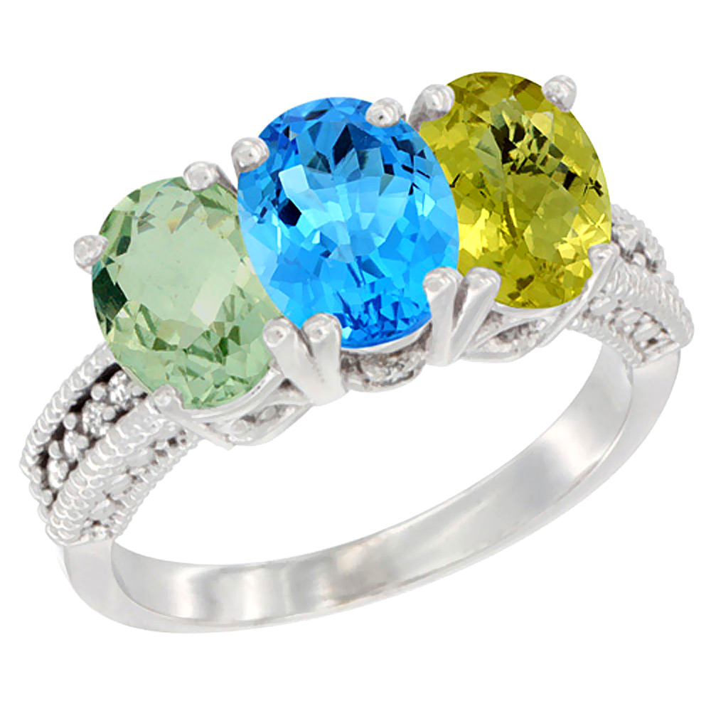 10K White Gold Natural Green Amethyst, Swiss Blue Topaz & Lemon Quartz Ring 3-Stone Oval 7x5 mm Diamond Accent, sizes 5 - 10