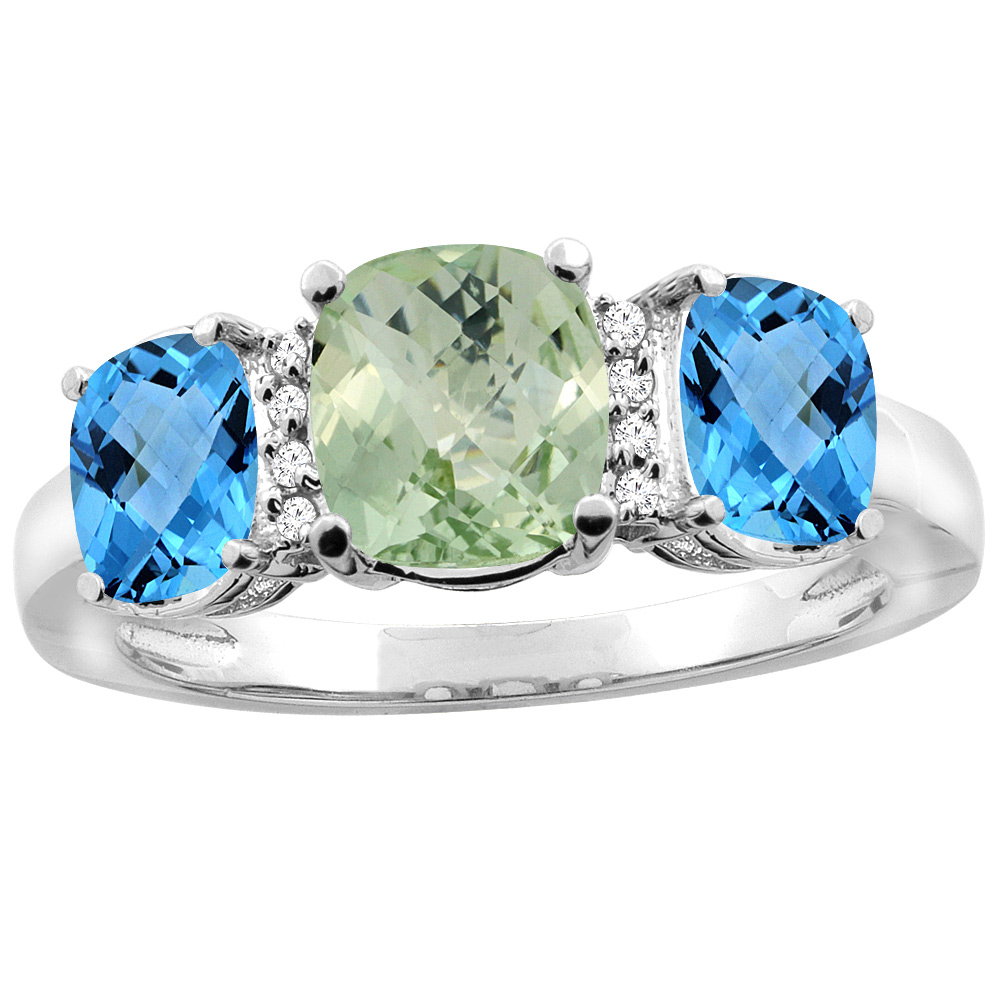 14K White Gold Natural Green Amethyst & Swiss Blue Topaz 3-stone Ring Cushion 8x6mm Diamond Accent, sizes 5 - 10