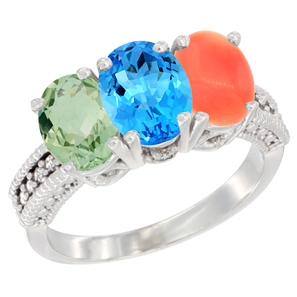 10K White Gold Natural Green Amethyst, Swiss Blue Topaz & Coral Ring 3-Stone Oval 7x5 mm Diamond Accent, sizes 5 - 10
