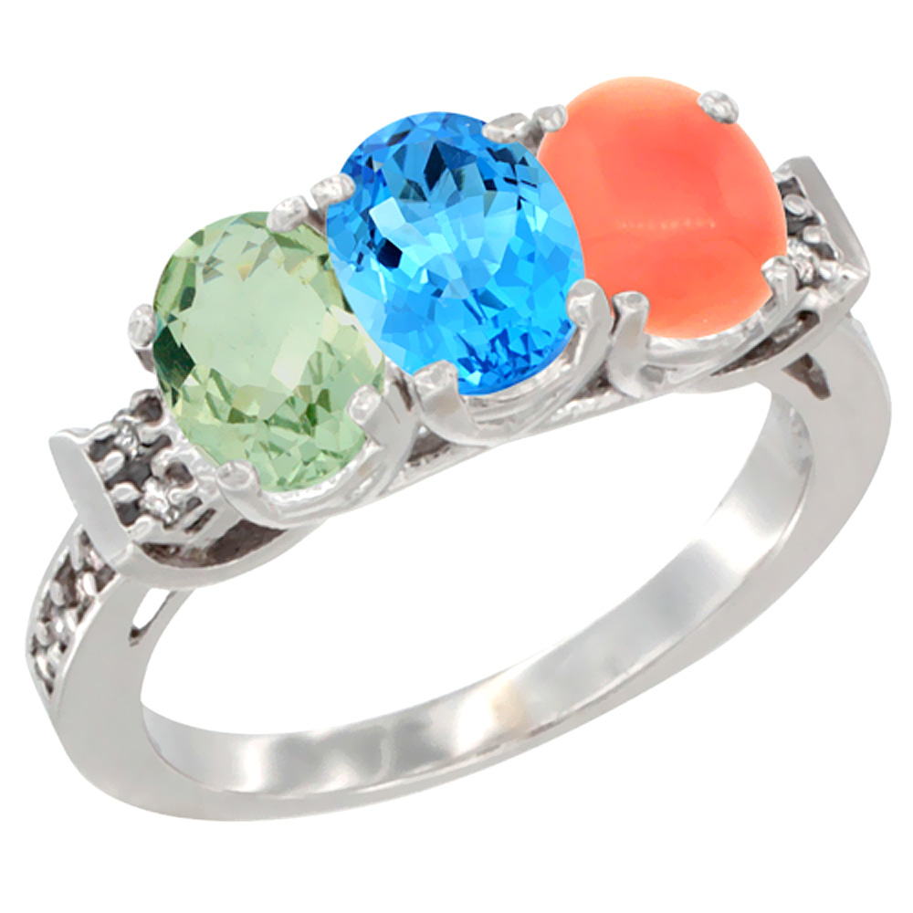 10K White Gold Natural Green Amethyst, Swiss Blue Topaz & Coral Ring 3-Stone Oval 7x5 mm Diamond Accent, sizes 5 - 10