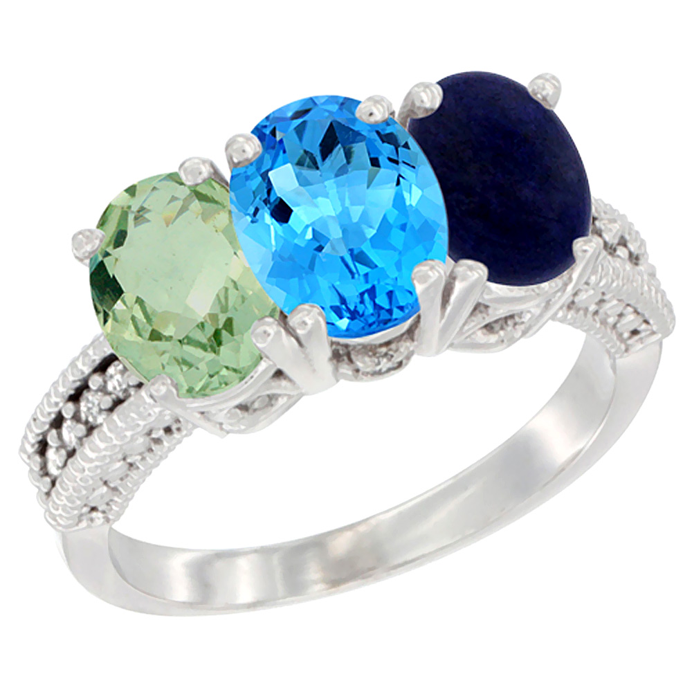 14K White Gold Natural Green Amethyst, Swiss Blue Topaz &amp; Lapis Ring 3-Stone 7x5 mm Oval Diamond Accent, sizes 5 - 10