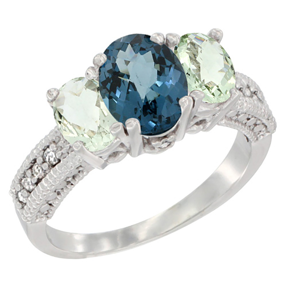 14K White Gold Diamond Natural London Blue Topaz Ring Oval 3-stone with Green Amethyst, sizes 5-10