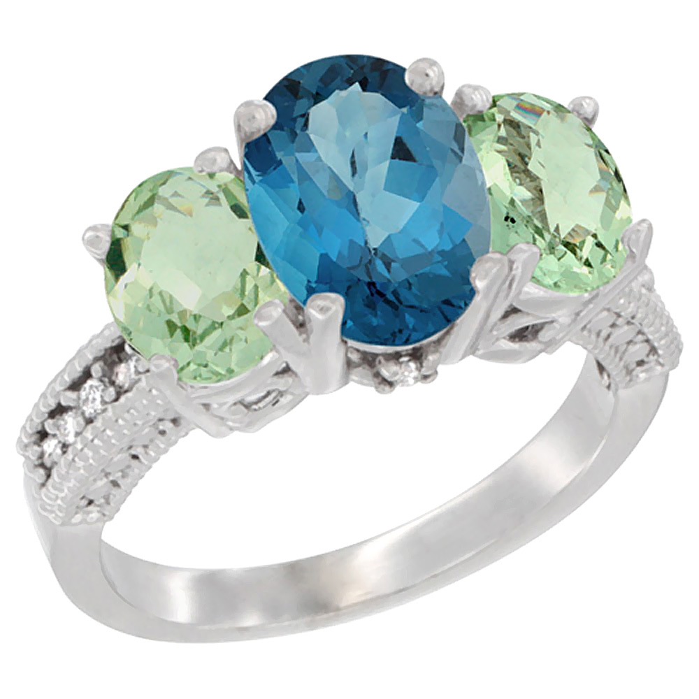 14K White Gold Diamond Natural London Blue Topaz Ring 3-Stone Oval 8x6mm with Green Amethyst, sizes5-10