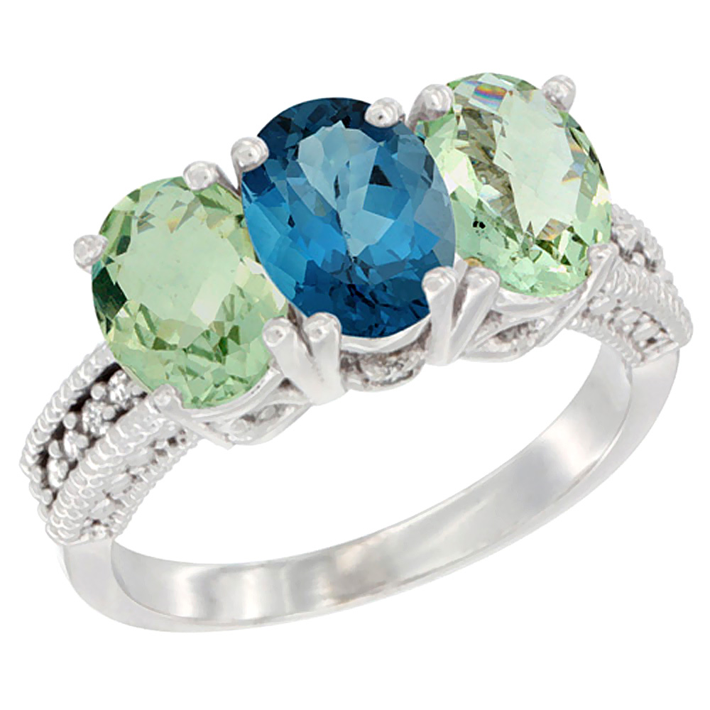 14K White Gold Natural London Blue Topaz & Green Amethyst Ring 3-Stone 7x5 mm Oval Diamond Accent, sizes 5 - 10
