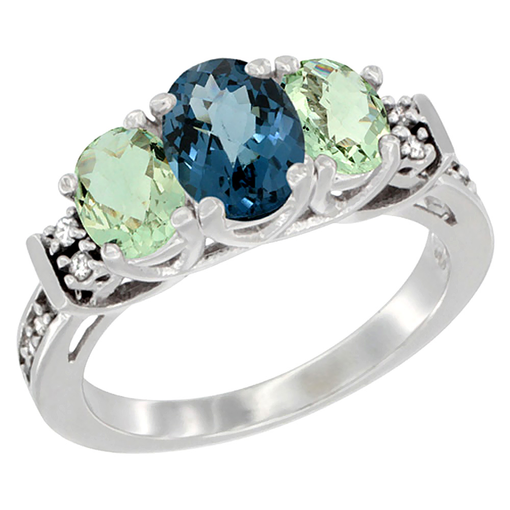 14K White Gold Natural London Blue Topaz & Green Amethyst Ring 3-Stone Oval Diamond Accent, sizes 5-10