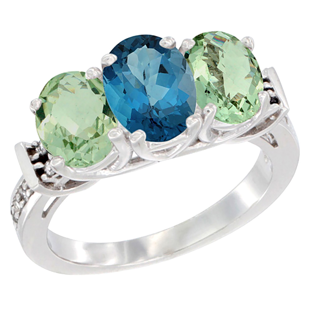 10K White Gold Natural London Blue Topaz &amp; Green Amethyst Sides Ring 3-Stone Oval Diamond Accent, sizes 5 - 10