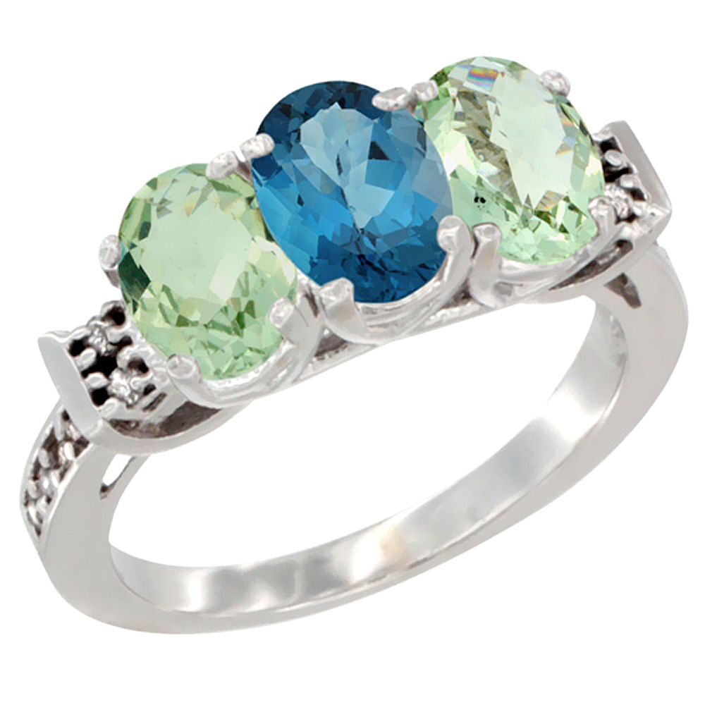 14K White Gold Natural London Blue Topaz &amp; Green Amethyst Sides Ring 3-Stone 7x5 mm Oval Diamond Accent, sizes 5 - 10