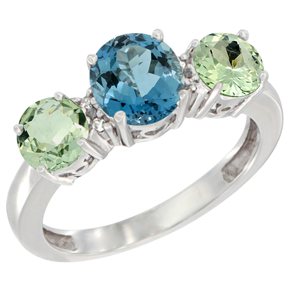 14K White Gold Round 3-Stone Natural London Blue Topaz Ring & Green Amethyst Sides Diamond Accent, sizes 5 - 10