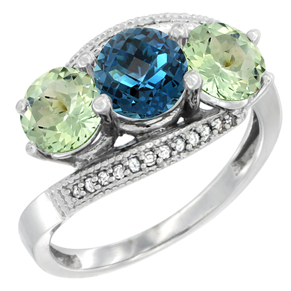 14K White Gold Natural London Blue Topaz &amp; Green Amethyst Sides 3 stone Ring Round 6mm Diamond Accent, sizes 5 - 10