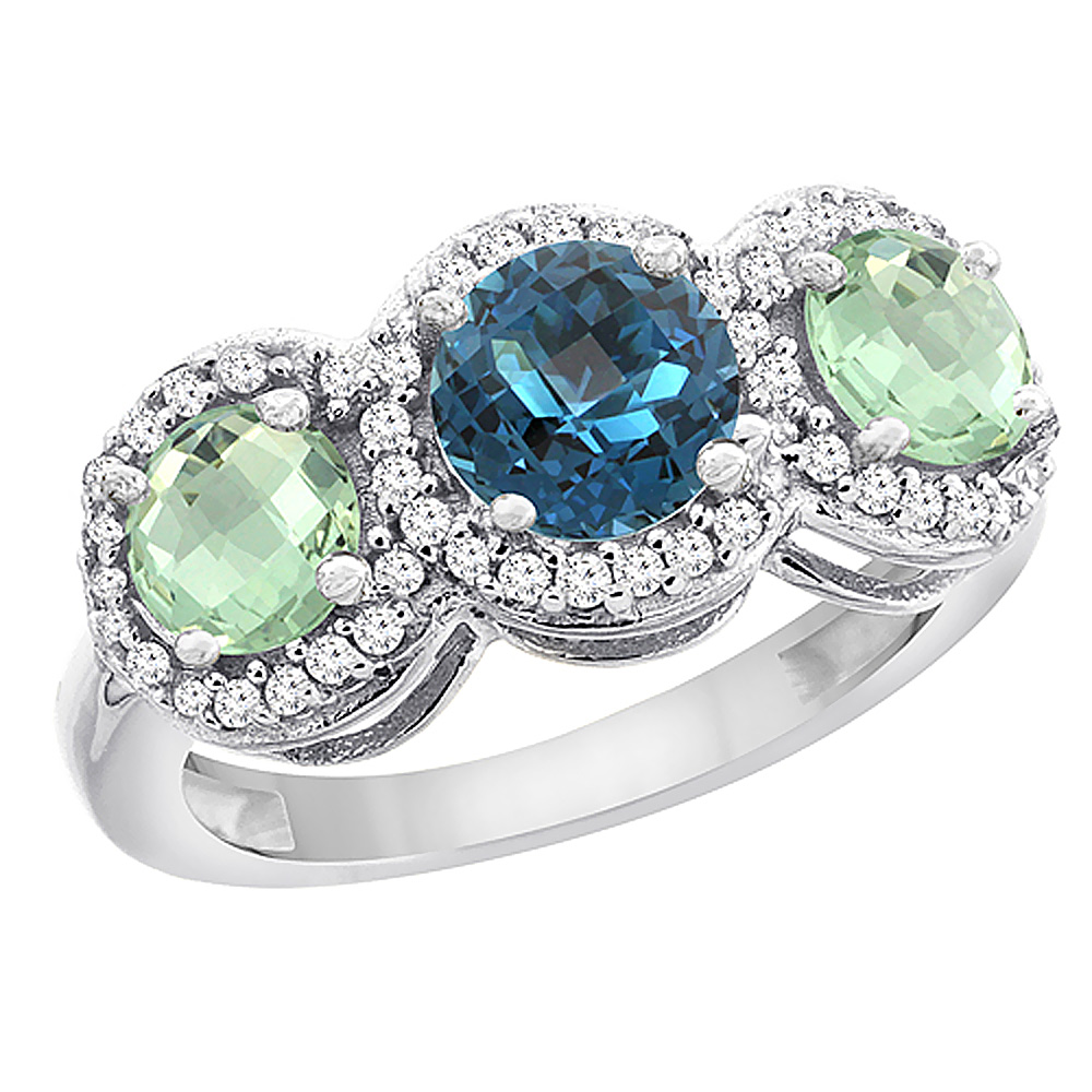10K White Gold Natural London Blue Topaz &amp; Green Amethyst Sides Round 3-stone Ring Diamond Accents, sizes 5 - 10