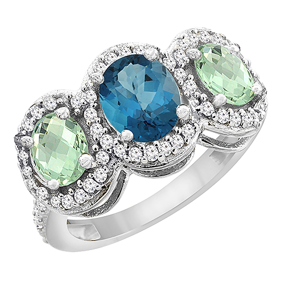 10K White Gold Natural London Blue Topaz & Green Amethyst 3-Stone Ring Oval Diamond Accent, sizes 5 - 10