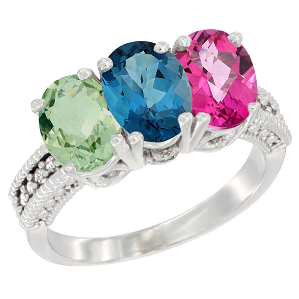 14K White Gold Natural Green Amethyst, London Blue Topaz &amp; Pink Topaz Ring 3-Stone 7x5 mm Oval Diamond Accent, sizes 5 - 10