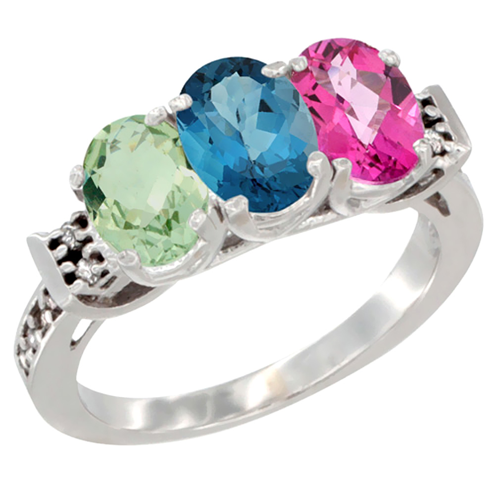 10K White Gold Natural Green Amethyst, London Blue Topaz &amp; Pink Topaz Ring 3-Stone Oval 7x5 mm Diamond Accent, sizes 5 - 10
