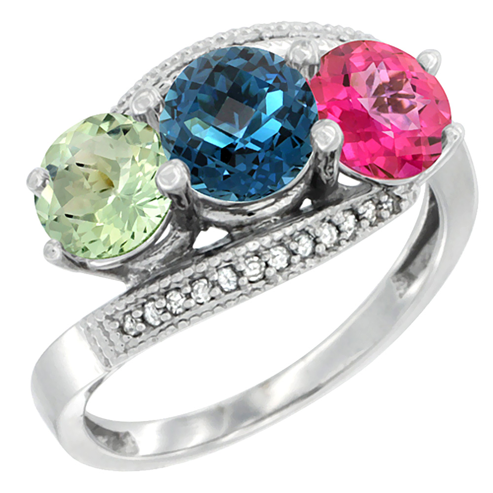 14K White Gold Natural Green Amethyst, London Blue &amp; Pink Topaz 3 stone Ring Round 6mm Diamond Accent, sizes 5 - 10