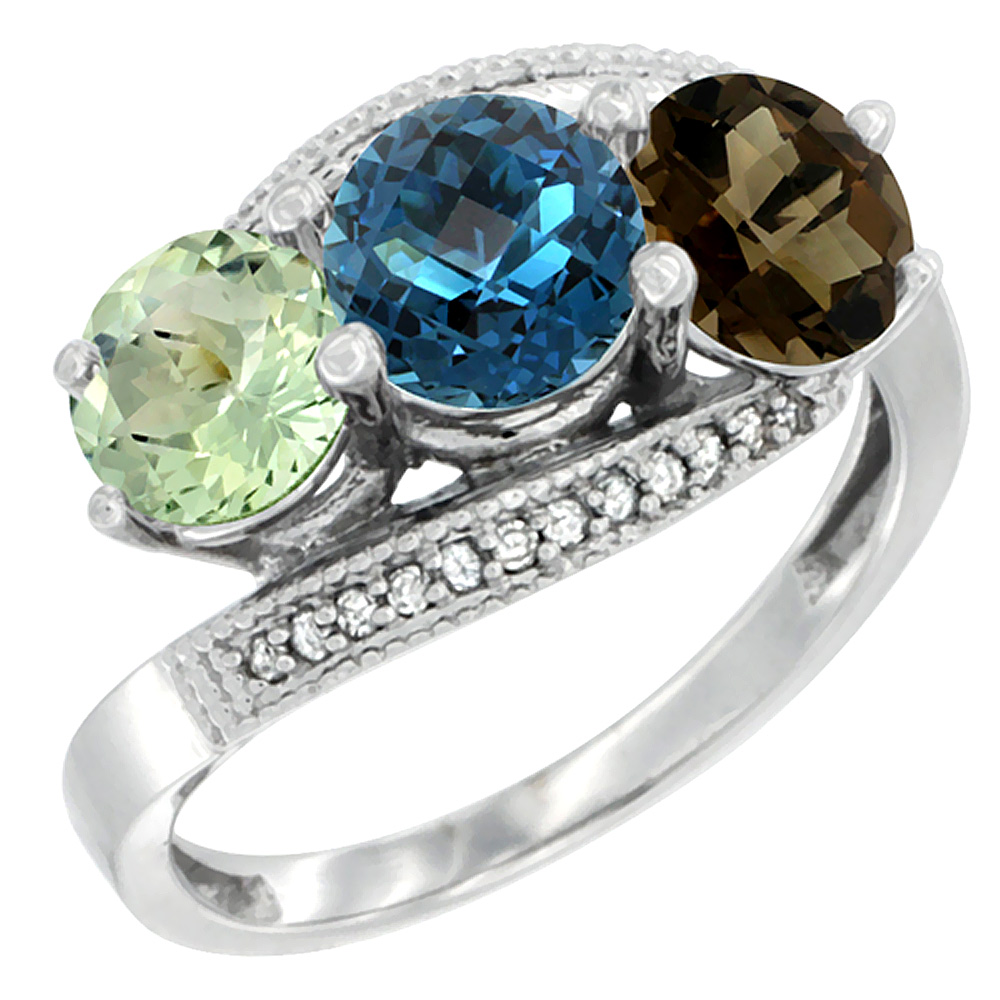 10K White Gold Natural Green Amethyst, London Blue &amp; Smoky Topaz 3 stone Ring Round 6mm Diamond Accent, sizes 5 - 10