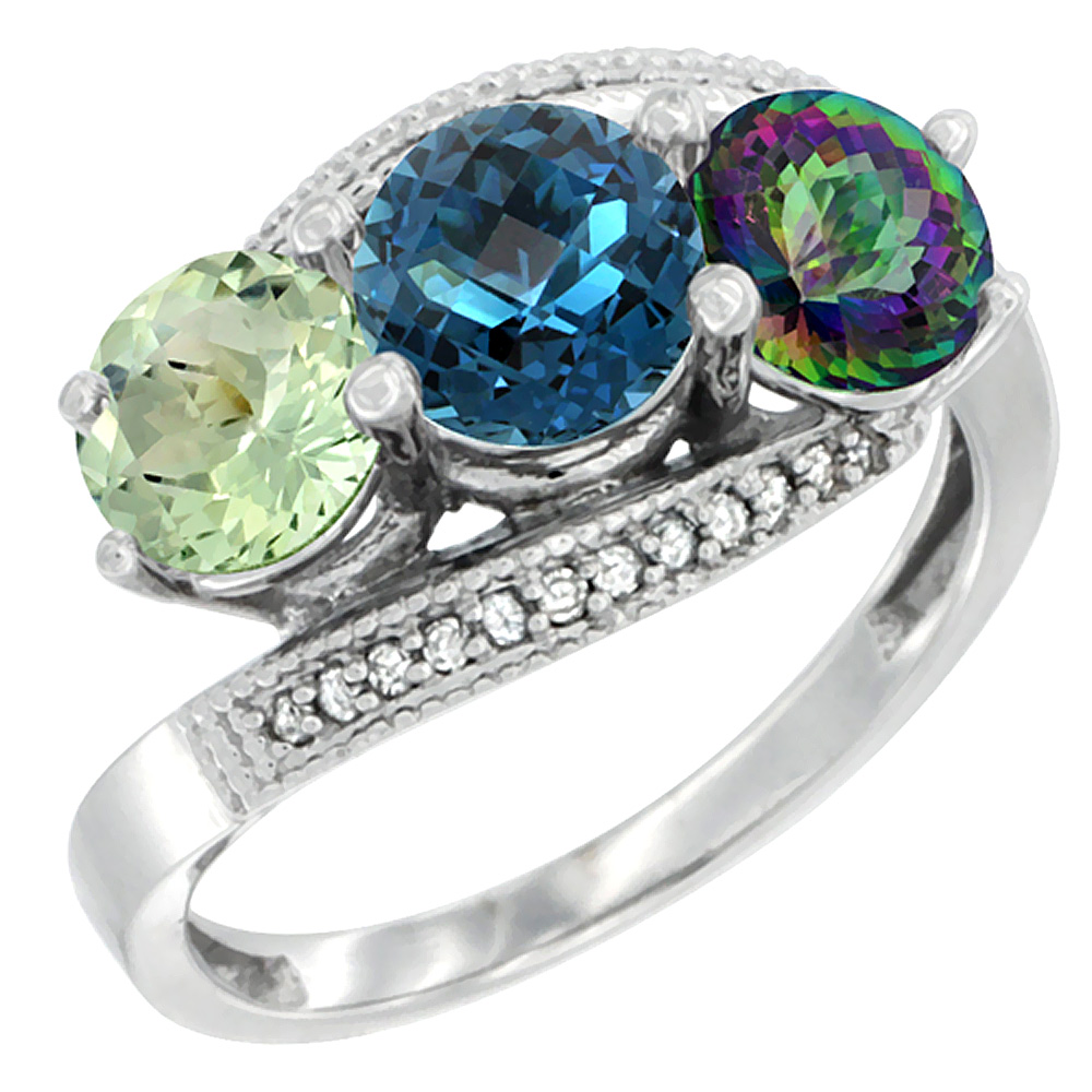 14K White Gold Natural Green Amethyst, London Blue & Mystic Topaz 3 stone Ring Round 6mm Diamond Accent, sizes 5 - 10