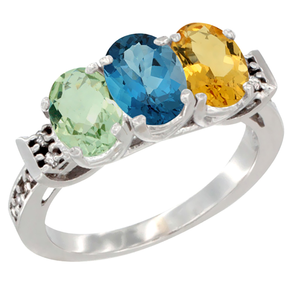 14K White Gold Natural Green Amethyst, London Blue Topaz & Citrine Ring 3-Stone 7x5 mm Oval Diamond Accent, sizes 5 - 10