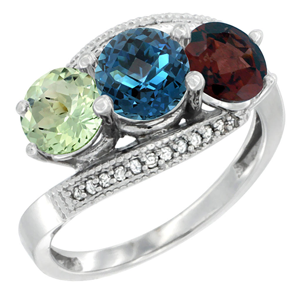 14K White Gold Natural Green Amethyst, London Blue Topaz & Garnet 3 stone Ring Round 6mm Diamond Accent, sizes 5 - 10