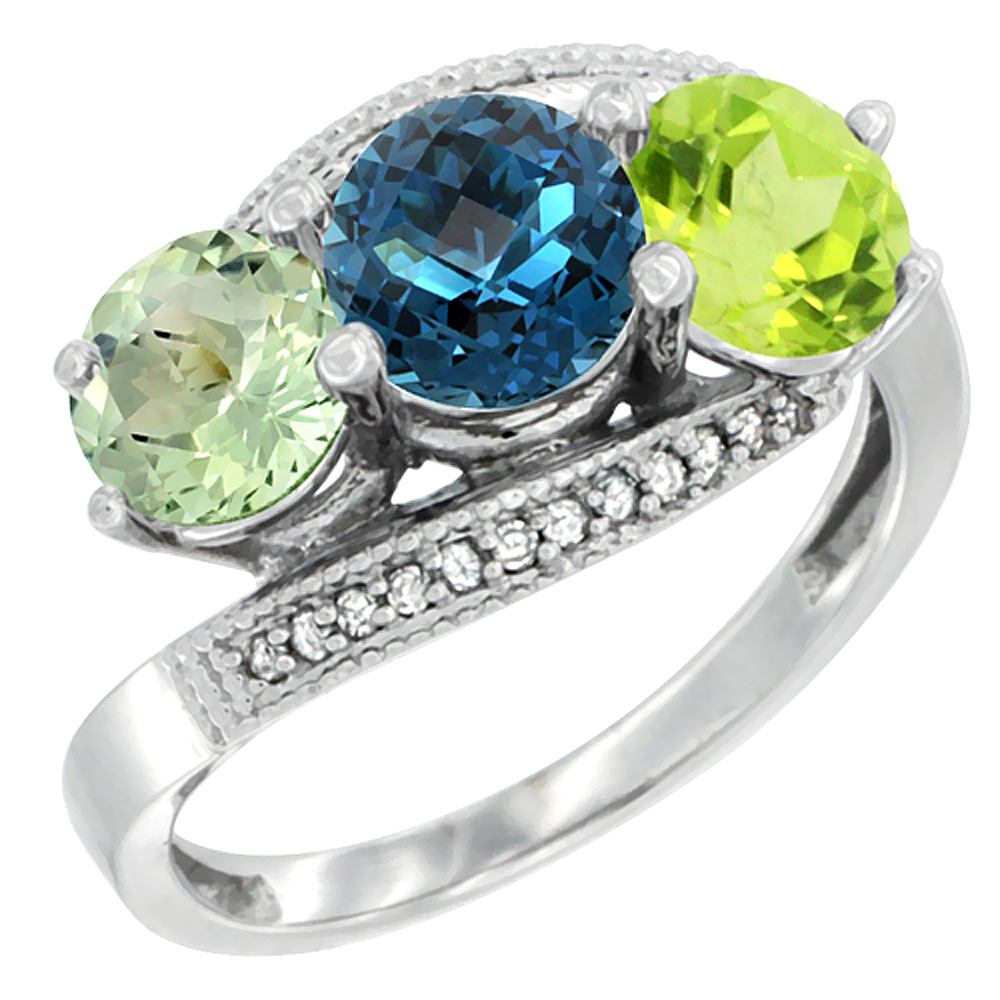 14K White Gold Natural Green Amethyst, London Blue Topaz & Peridot 3 stone Ring Round 6mm Diamond Accent, sizes 5 - 10