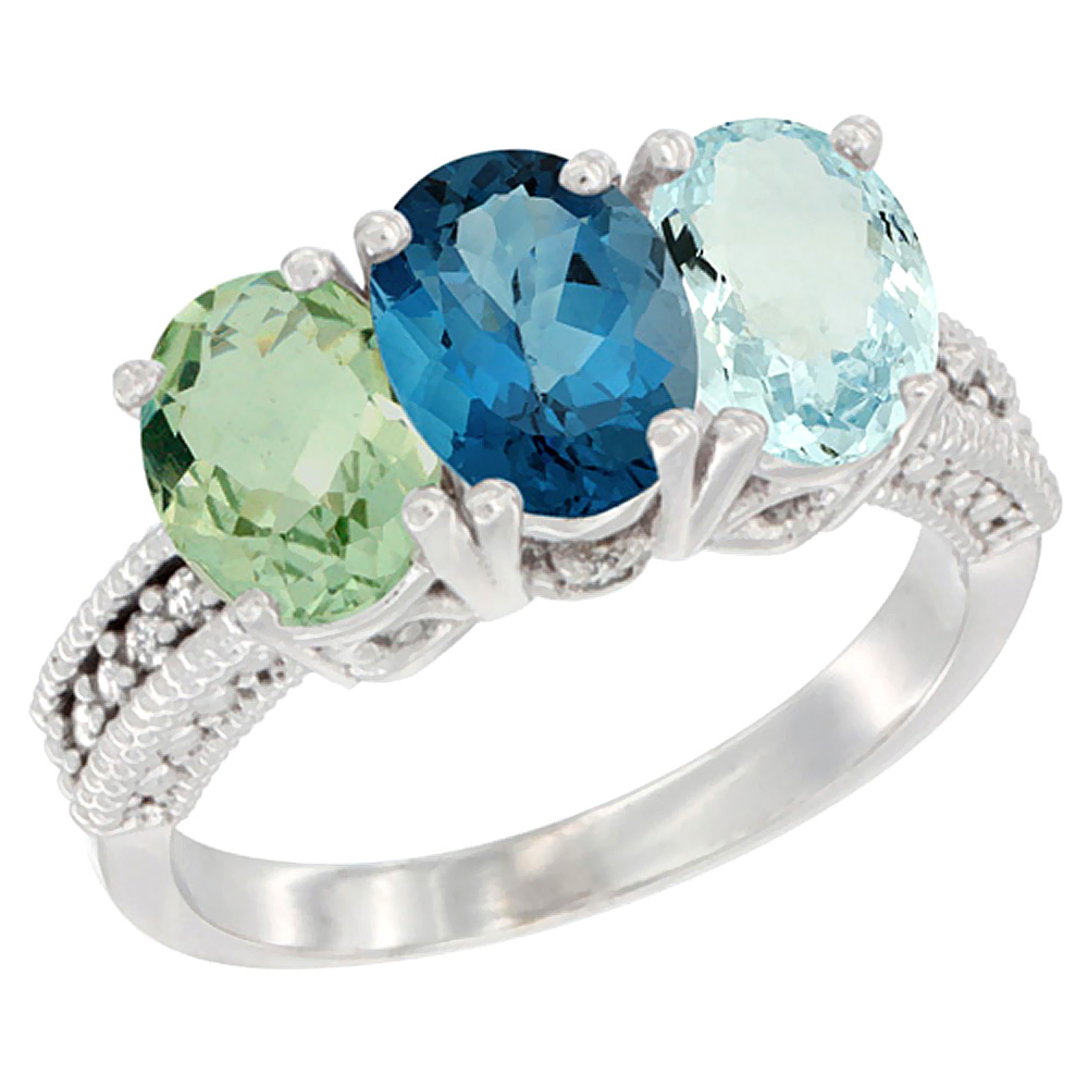 10K White Gold Natural Green Amethyst, London Blue Topaz &amp; Aquamarine Ring 3-Stone Oval 7x5 mm Diamond Accent, sizes 5 - 10