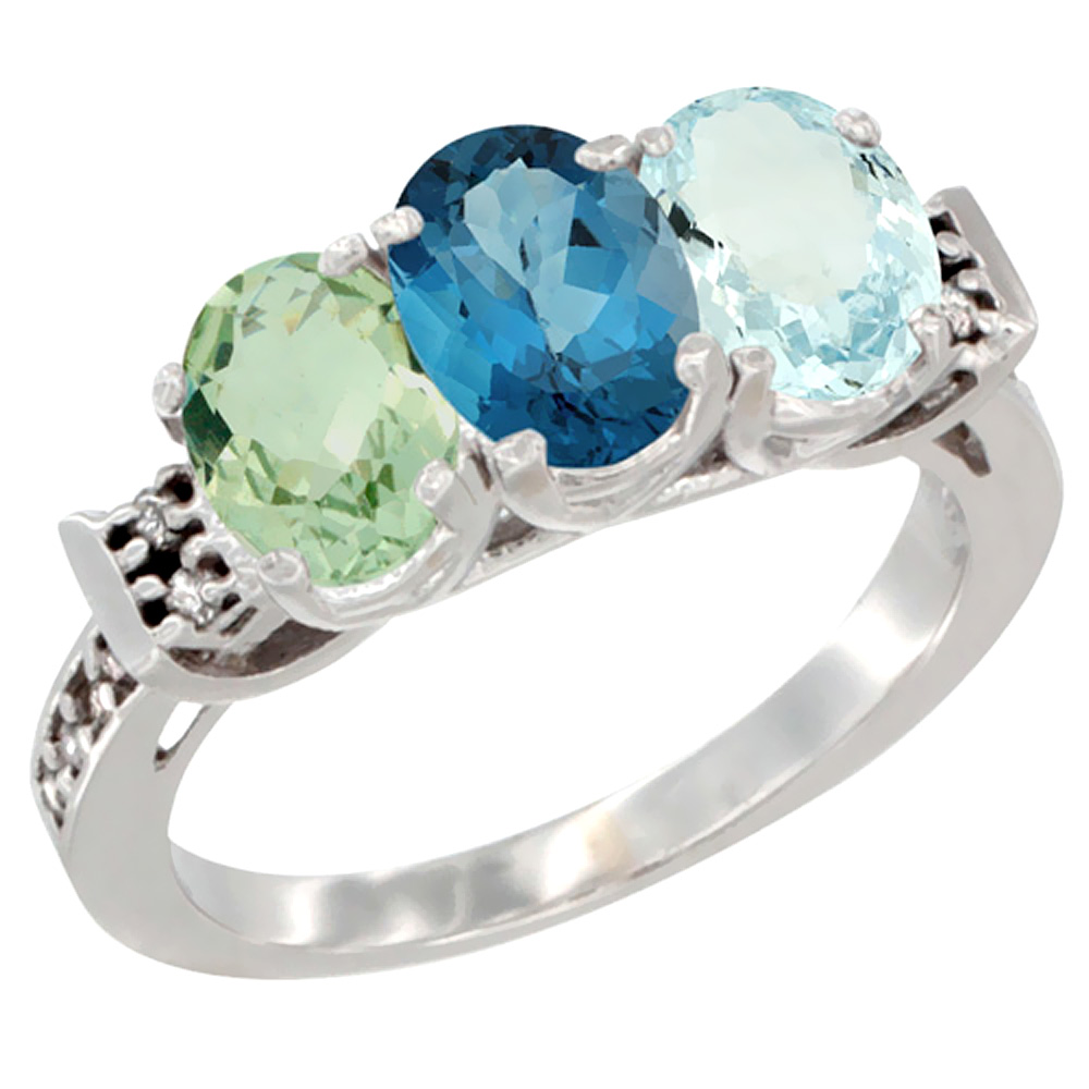 14K White Gold Natural Green Amethyst, London Blue Topaz & Aquamarine Ring 3-Stone 7x5 mm Oval Diamond Accent, sizes 5 - 10