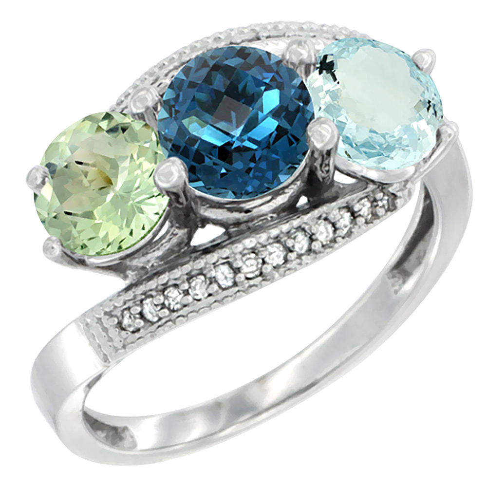 14K White Gold Natural Green Amethyst, London Blue Topaz & Aquamarine 3 stone Ring Round 6mm Diamond Accent, sizes 5 - 10