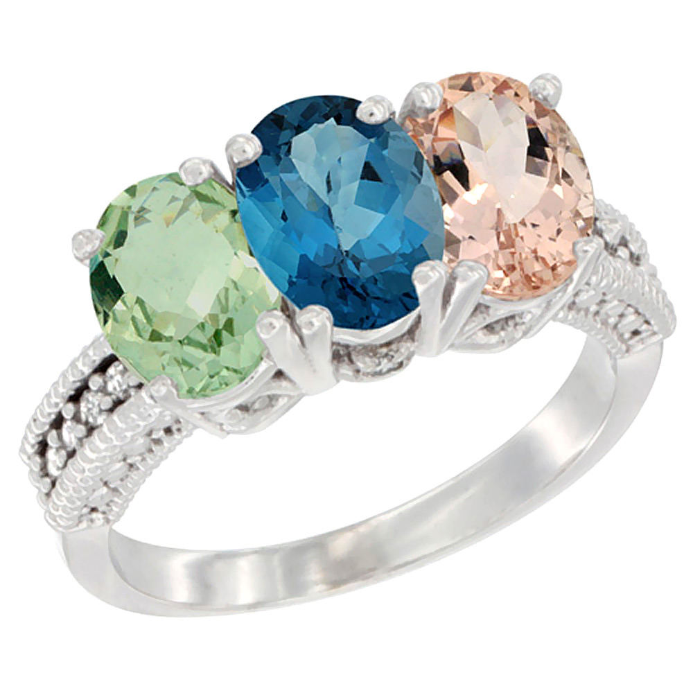 14K White Gold Natural Green Amethyst, London Blue Topaz & Morganite Ring 3-Stone 7x5 mm Oval Diamond Accent, sizes 5 - 10