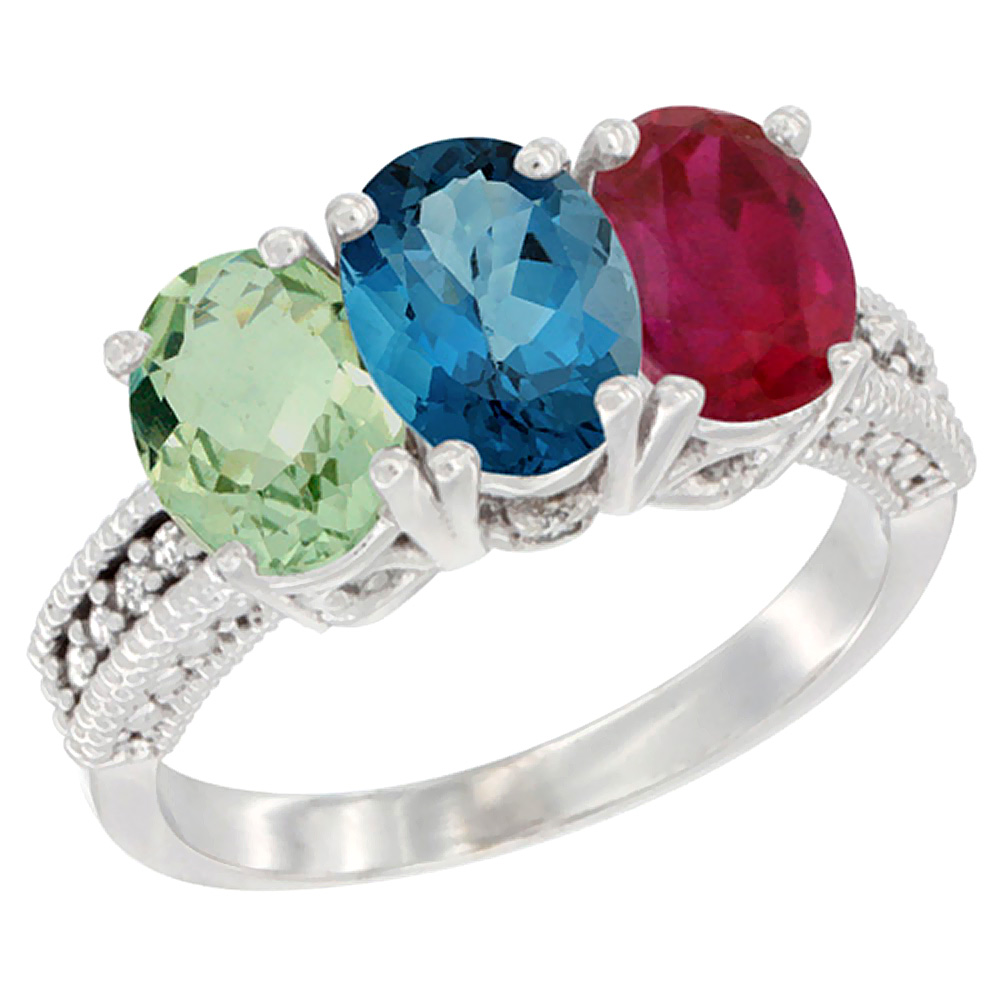 14K White Gold Natural Green Amethyst, London Blue Topaz & Enhanced Ruby Ring 3-Stone 7x5 mm Oval Diamond Accent, sizes 5 - 10