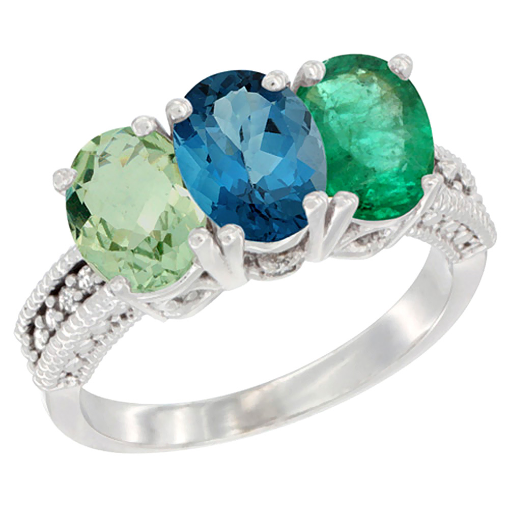 10K White Gold Natural Green Amethyst, London Blue Topaz & Emerald Ring 3-Stone Oval 7x5 mm Diamond Accent, sizes 5 - 10