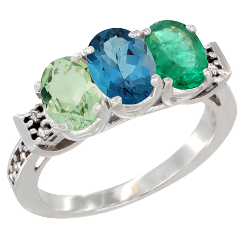 14K White Gold Natural Green Amethyst, London Blue Topaz &amp; Emerald Ring 3-Stone 7x5 mm Oval Diamond Accent, sizes 5 - 10