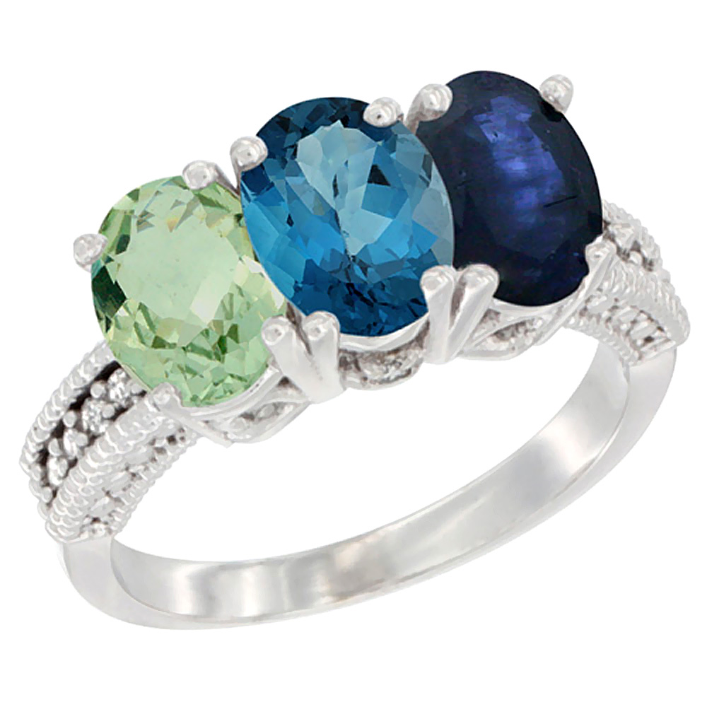 10K White Gold Natural Green Amethyst, London Blue Topaz &amp; Blue Sapphire Ring 3-Stone Oval 7x5 mm Diamond Accent, sizes 5 - 10