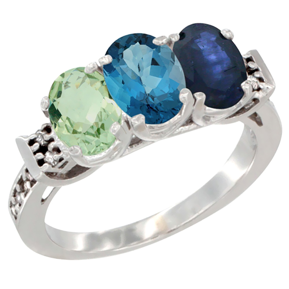 14K White Gold Natural Green Amethyst, London Blue Topaz &amp; Blue Sapphire Ring 3-Stone 7x5 mm Oval Diamond Accent, sizes 5 - 10