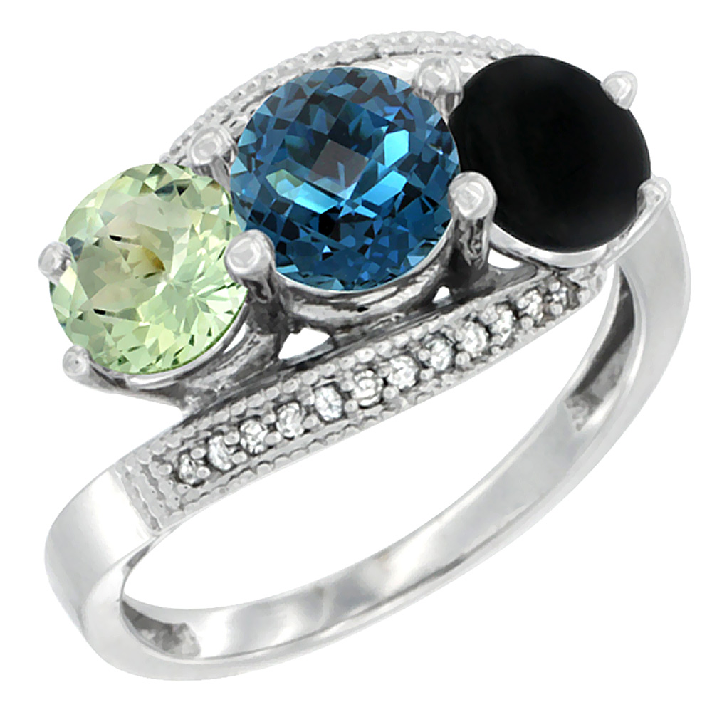 14K White Gold Natural Green Amethyst, London Blue Topaz & Black Onyx 3 stone Ring Round 6mm Diamond Accent, sizes 5 - 10