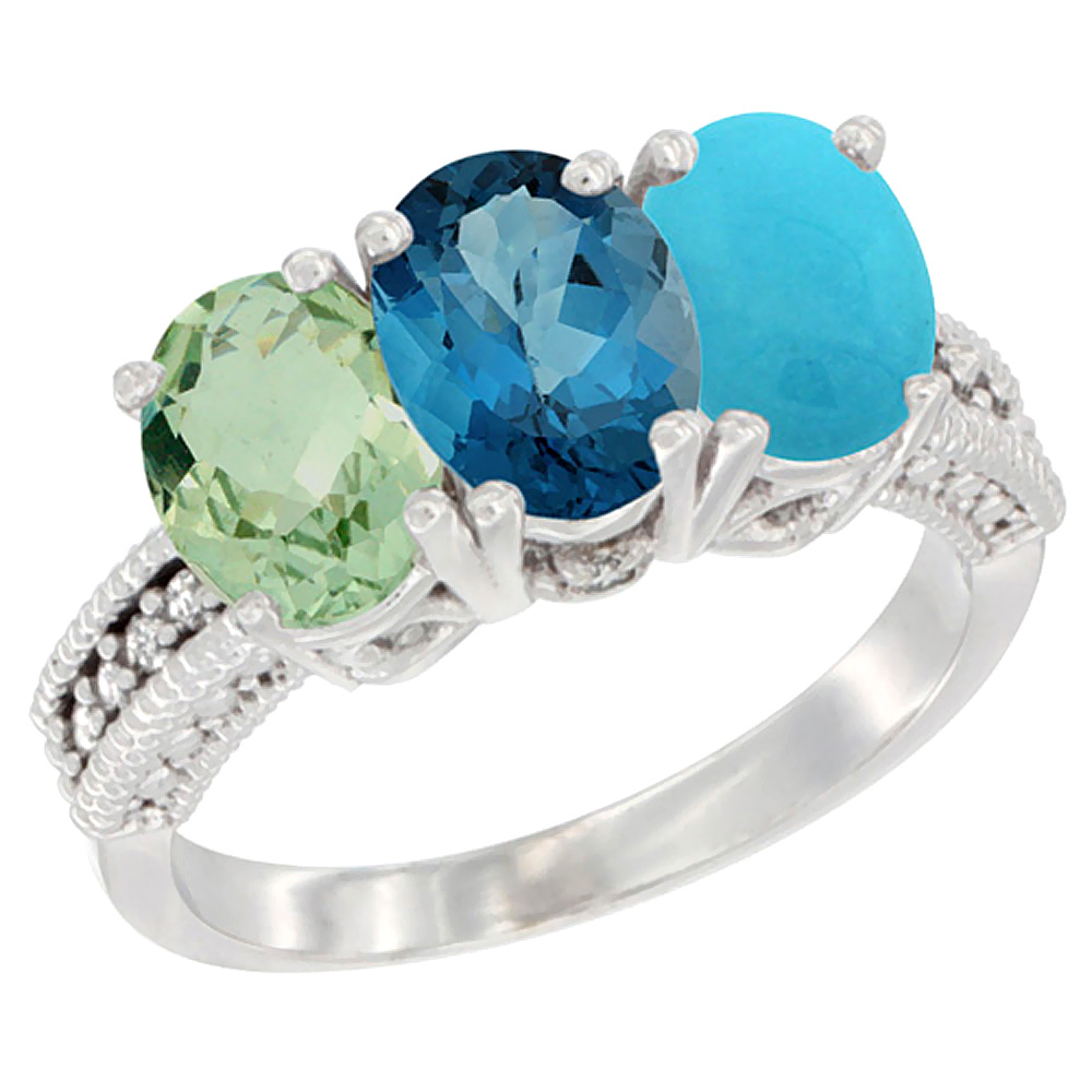 14K White Gold Natural Green Amethyst, London Blue Topaz & Turquoise Ring 3-Stone 7x5 mm Oval Diamond Accent, sizes 5 - 10