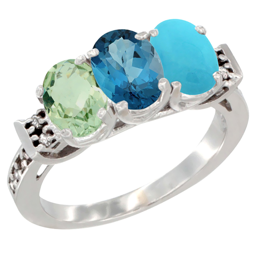 14K White Gold Natural Green Amethyst, London Blue Topaz &amp; Turquoise Ring 3-Stone 7x5 mm Oval Diamond Accent, sizes 5 - 10