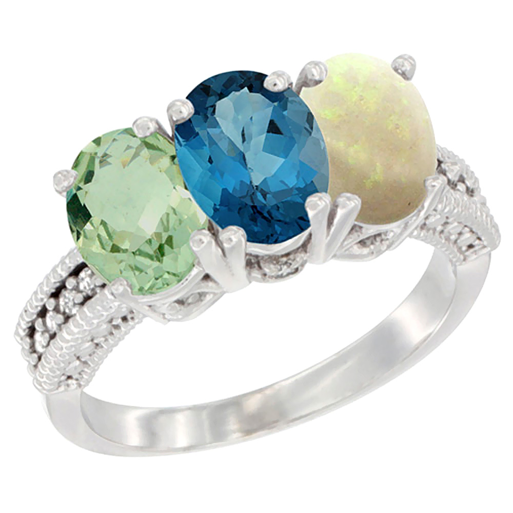 14K White Gold Natural Green Amethyst, London Blue Topaz &amp; Opal Ring 3-Stone 7x5 mm Oval Diamond Accent, sizes 5 - 10
