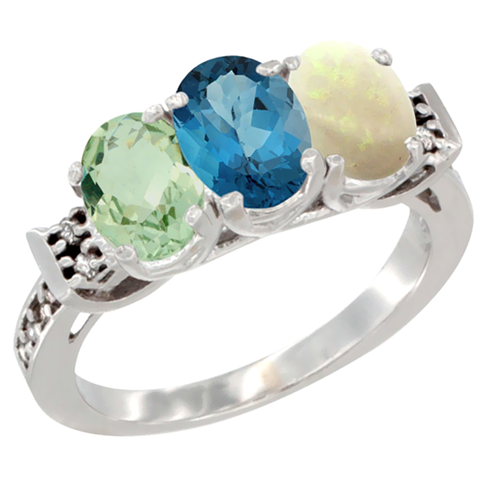 10K White Gold Natural Green Amethyst, London Blue Topaz & Opal Ring 3-Stone Oval 7x5 mm Diamond Accent, sizes 5 - 10